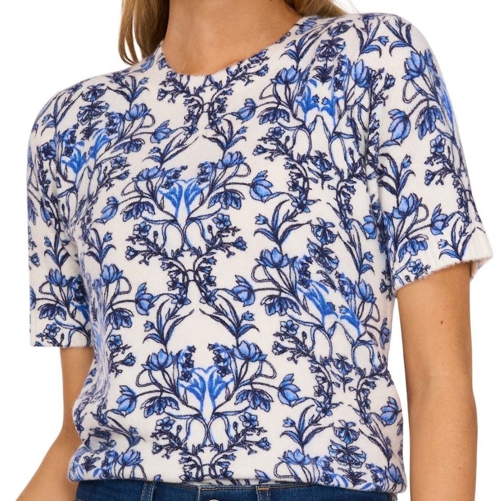 CeCe White Blue Vanna Floral Knit Short Sleeve Sweater Top Women XL - NWT